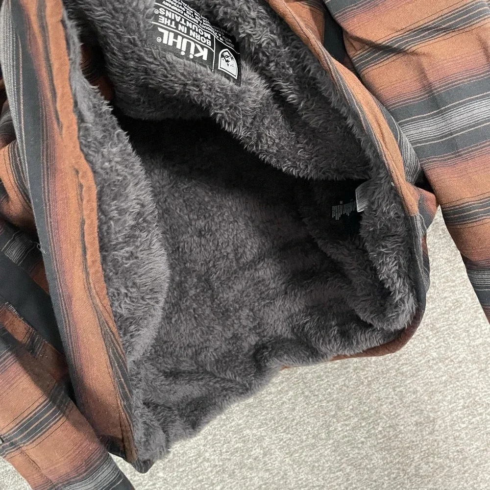Kuhl JOYRYDR Jacket Mens XL Brown Stripe Hooded Sherpa Lined Snap Front 7478 - Picture 2 of 8